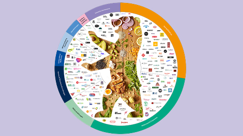 Stakeholdermap Food Berlin - Umriss des Berliner Bären gefüllt mit Lebensmitteln umgeben von Logos der Berliner Akteure im Bereich Ernährung 