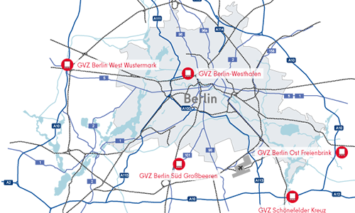 Übersichtskarte der Güterverkehrszentren Berlin