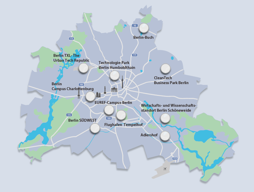 Karte - Berliner Zukunftsorte auf einen Blick Karte mit den Berliner Zukunftsorten