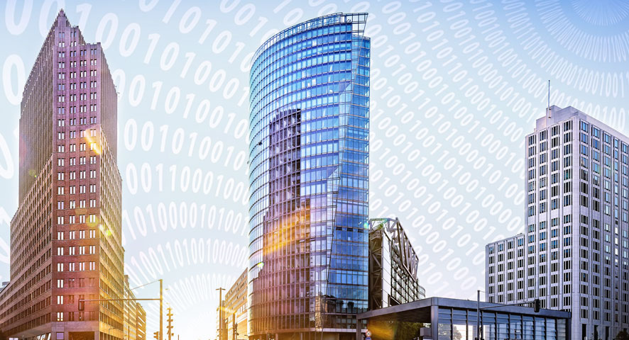 Potsdamer Platz mit DB-Tower Potsdamer Platz mit Binärcode als Hintergrund